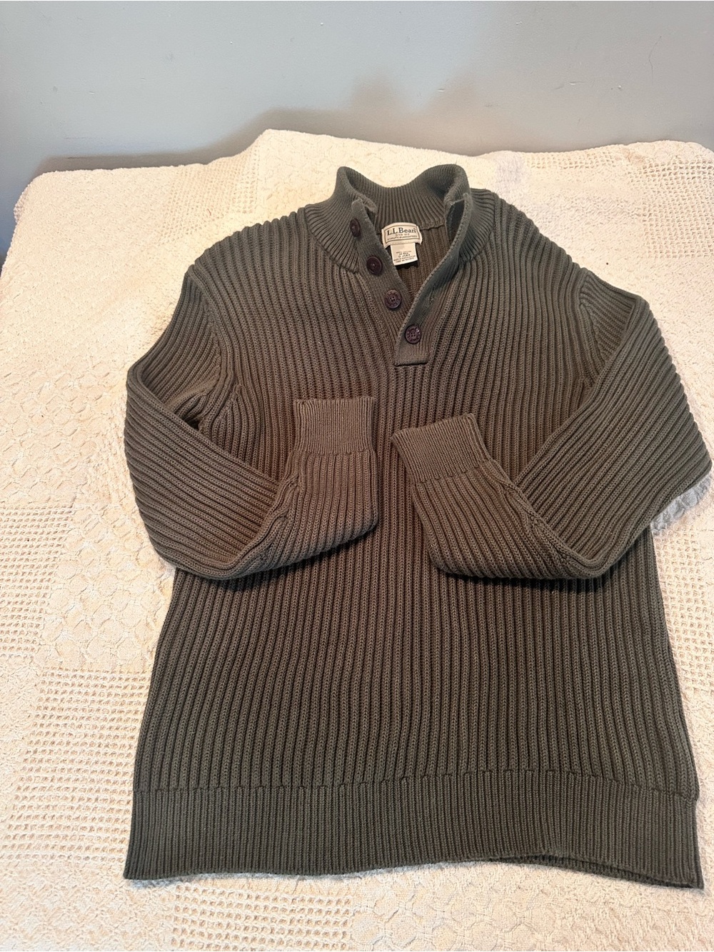 L.L. Bean Olive Ribbed Button-Neck Sweater - Picture 7 of 8